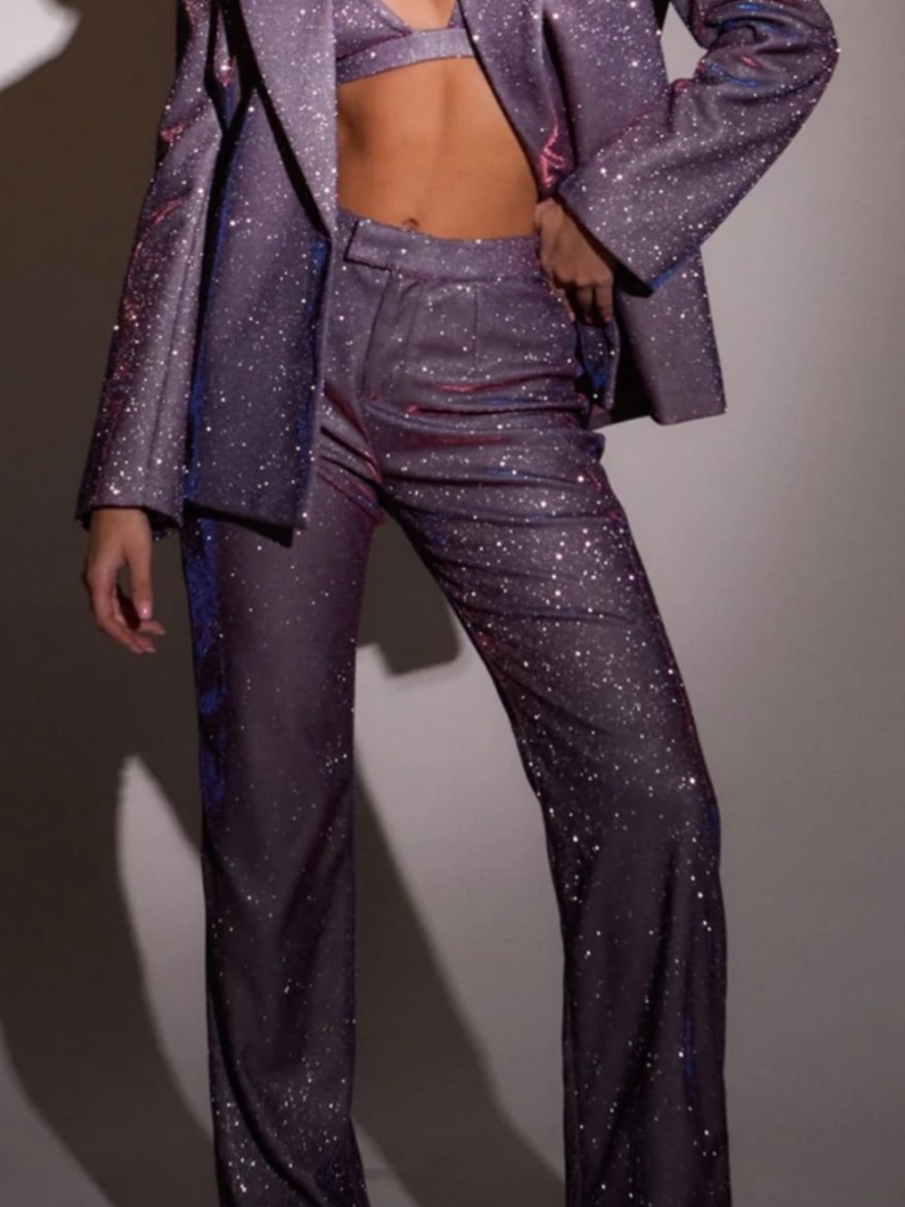 SLA the Label Glitter High-Waist Purple Wide-Leg Trousers